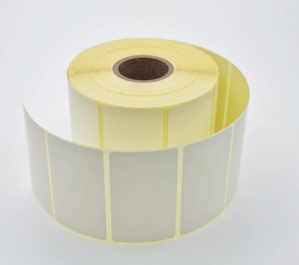 Etiquettes thermiques vierges 58×43 mm diamètre mandrin 25 mm. 750 étiquettes par rouleau. Compatible avec les imprimantes thermiques .
