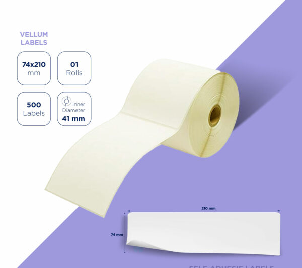 Etiquettes vierges 74x210mm papier blanc mat en vélin diamètre mandrin 41 Vendues par 1 rouleau. 500 étiquettes par rouleau. Compatible avec les imprimantes thermiques.