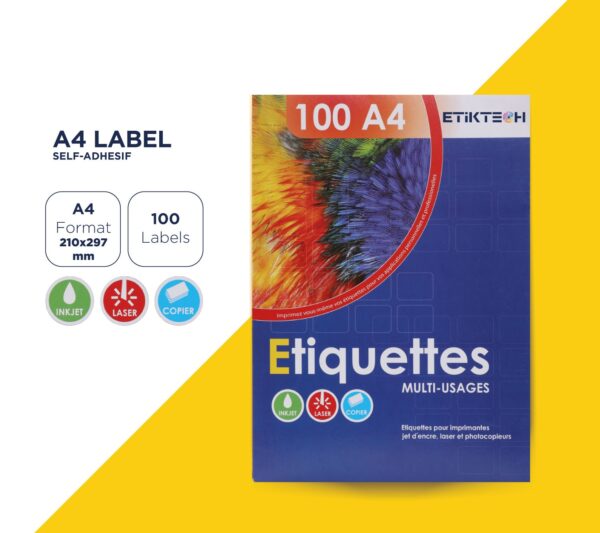 Feuilles autocollantes A4 210x297mm de 100 étiquettes. Compatibles avec les imprimantes jet encre, laser et photocopieur. Garantie sans bourrage.