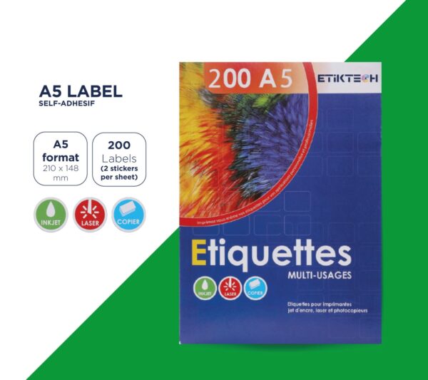 Lot de 100 feuilles A4 pour imprimantes laser, jet d’encre et photocopieur. 2 étiquettes autocollantes 210×148 mm par feuille. Garantie sans bourrage.