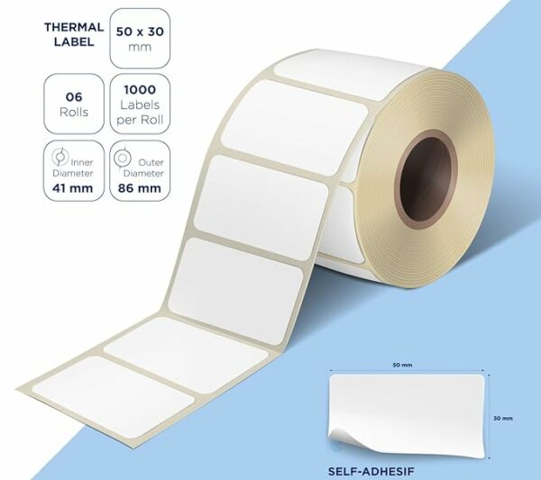 Lot de 6 rouleaux étiquettes thermiques vierges, 50×30 mm, diamètre mandrin 41 mm. 1000 étiquettes par rouleau. Compatible avec les imprimantes thermiques.