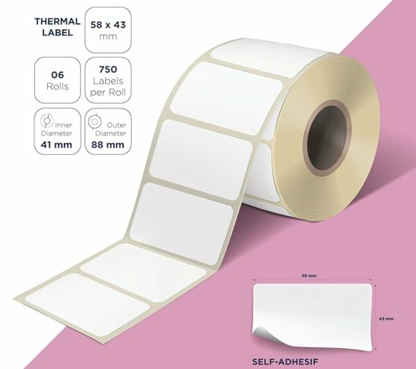 Lot de 6 rouleaux étiquettes thermiques vierges 58×43 mm diamètre mandrin 41 mm. 750 étiquettes par rouleau. Compatible avec les imprimantes thermiques.