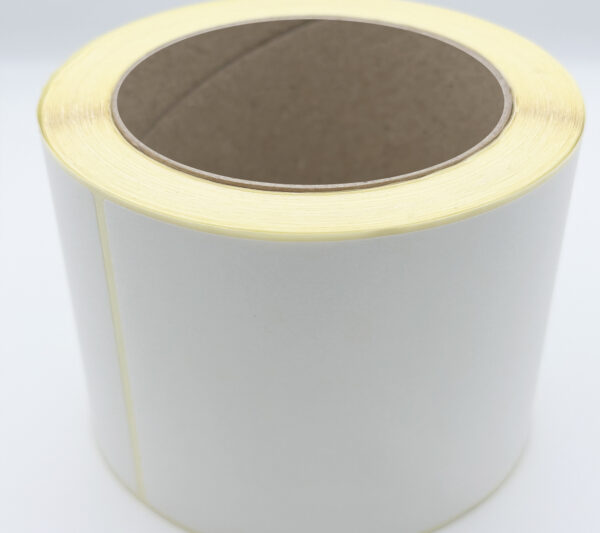 Étiquette vierge 100×150 mm, papier blanc mat de mandrin 76mm. 1000 étiquettes par rouleau, compatibles avec les imprimantes thermiques.